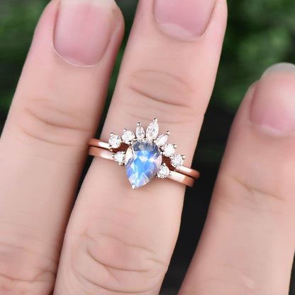 Vintage unique three stone engagement ring 2pc moonstone engagement ring set 14k 18k rose gold marquise moissanite ring June birthstone ring