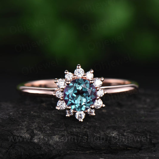 Sunflower cluster halo moissanite ring color change alexandrite engagement ring rose gold June birthstone ring unique antique jewelry gift