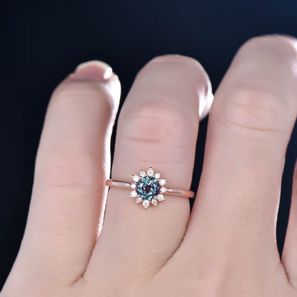 Sunflower cluster halo moissanite ring color change alexandrite engagement ring rose gold June birthstone ring unique antique jewelry gift