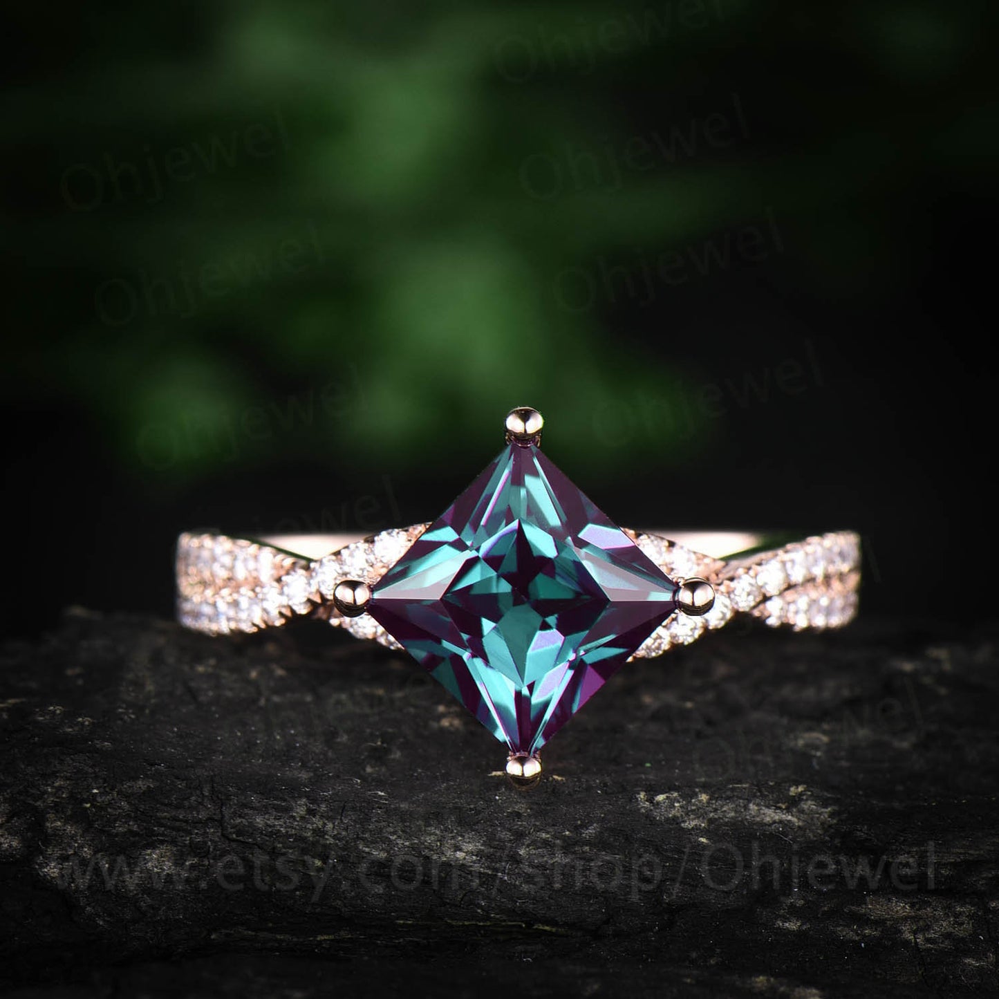 7mm Princess cut Alexandrite ring color change Alexandrite engagement ring rose gold unique twisted moissanite ring wedding anniversary gift