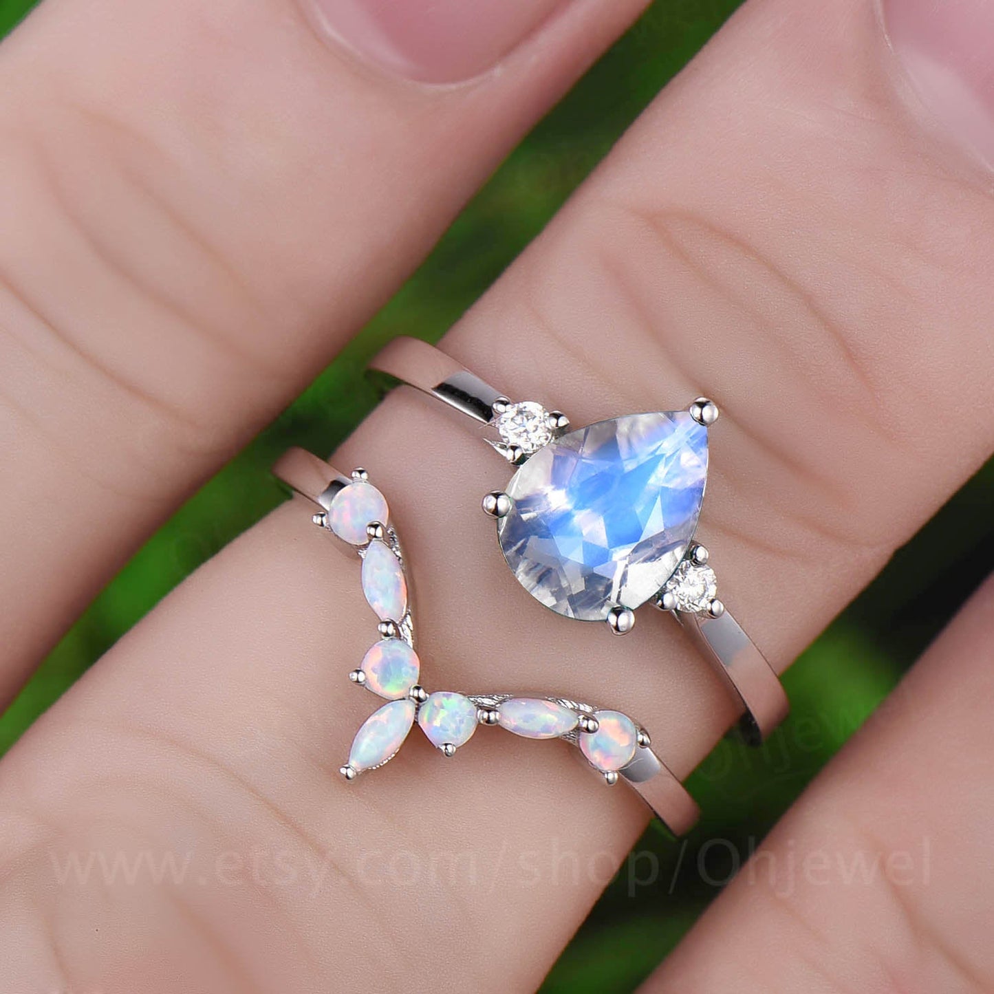 Marquise opal ring moissanite ring vintage unique three stone engagement ring 2pcs pear moonstone engagement ring set white gold jewelry
