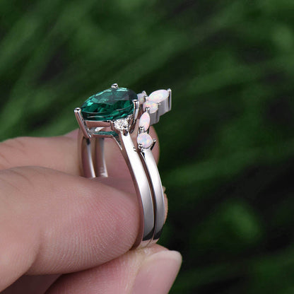 Opal ring curved opal wedding band 2pcs emerald engagement ring set white gold vintage unique ring stacking matching ring custom jewelry