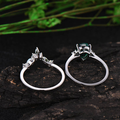 Opal ring curved opal wedding band 2pcs emerald engagement ring set white gold vintage unique ring stacking matching ring custom jewelry