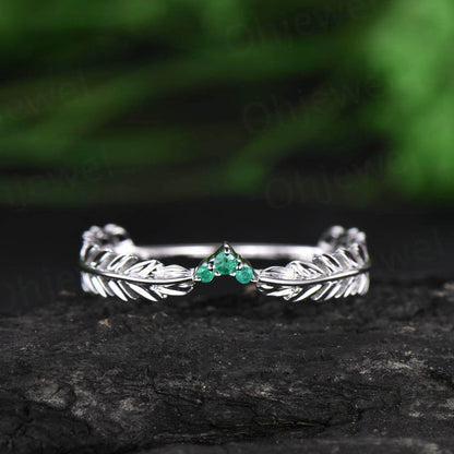 Vintage natural emerald ring gold unique emerald ring white gold feather Leaves ring wedding bridal ring gift jewelry May birthstone ring
