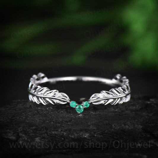 Vintage natural emerald ring gold unique emerald ring white gold feather Leaves ring wedding bridal ring gift jewelry May birthstone ring