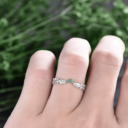 Vintage natural emerald ring gold unique emerald ring white gold feather Leaves ring wedding bridal ring gift jewelry May birthstone ring