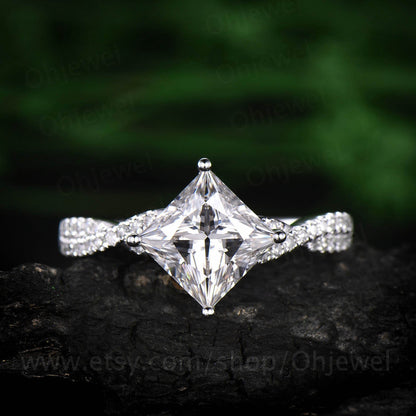 Unique vintage princess cut engagement ring moissanite engagement ring solid 14k 18k white gold promise bridal wedding ring anniversary gift