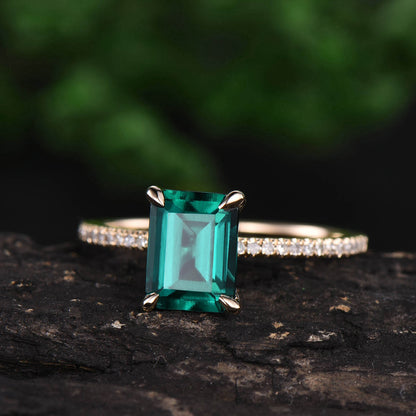 Emerald cut emerald ring for women vintage emerald engagement ring rose gold unique bridal ring half eternity diamond ring anniversary gift