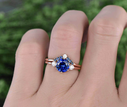 Vintage unique Three stone engagement ring 2pcs blue sapphire engagement ring set rose gold natural sapphire wedding ring band bridal set