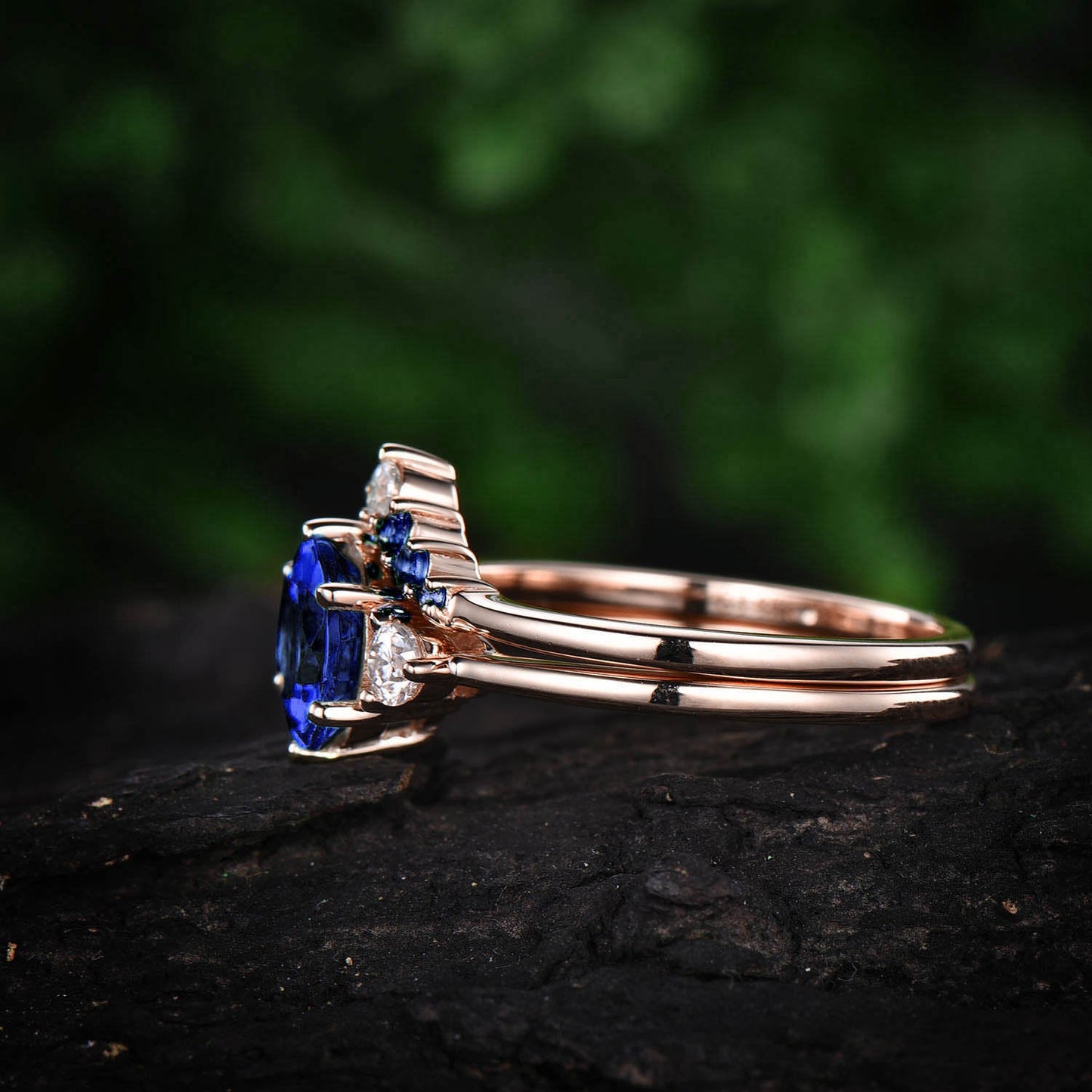 Vintage unique Three stone engagement ring 2pcs blue sapphire engagement ring set rose gold natural sapphire wedding ring band bridal set