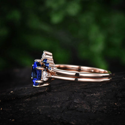 Vintage unique Three stone engagement ring 2pcs blue sapphire engagement ring set rose gold natural sapphire wedding ring band bridal set