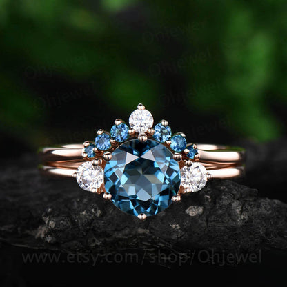 Vintage unique engagement ring 2pcs London blue topaz engagement ring set rose gold moissanite ring topaz wedding band wedding bridal set
