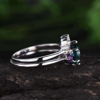 Vintage amethyst ring gold 2pcs antique Alexandrite engagement ring white gold unique jewelry wedding bridal ring anniversary gift for her