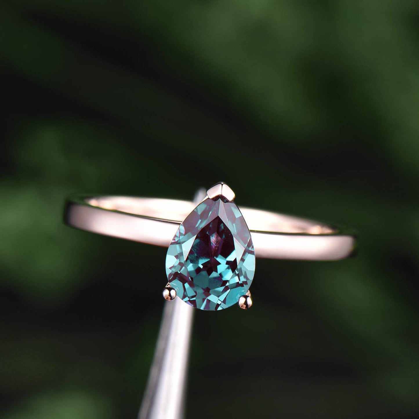 Pear shaped Alexandrite ring rose gold silver unique Solitaire engagement ring dainty Minimalist prong set anniversary wedding ring women