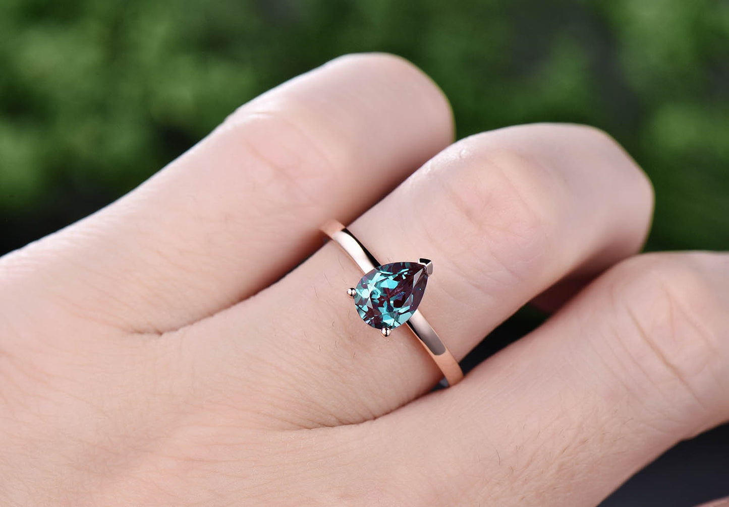 Pear shaped Alexandrite engagement ring solid 14k rose gold vintage unique Solitaire engagement ring dainty anniversary wedding ring women