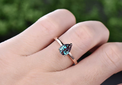 Pear shaped Alexandrite ring rose gold silver unique Solitaire engagement ring dainty Minimalist prong set anniversary wedding ring women