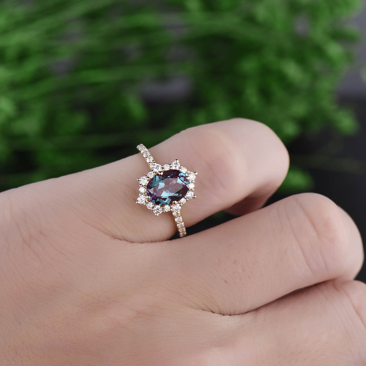 1.3ct alexandrite ring for women vintage unique halo cluster moissanite ring color change alexandrite engagement ring rose gold wedding ring