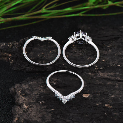 Alexandrite ring set unique alexandrite engagement ring set rose gold three stone engagement ring moissanite bridal wedding ring set women