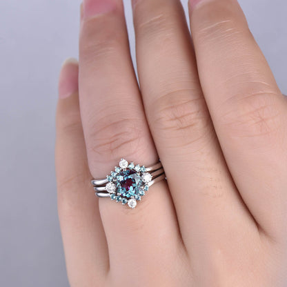 Alexandrite ring set unique alexandrite engagement ring set rose gold three stone engagement ring moissanite bridal wedding ring set women
