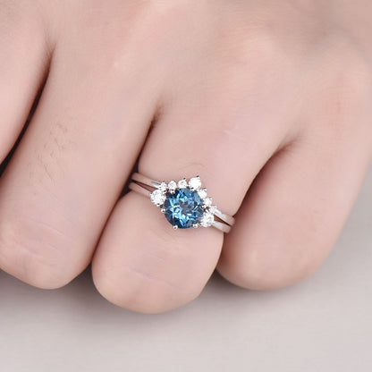 Three stone London blue topaz engagement ring set rose gold topaz ring vintage November birthstone moissanite wedding bridal ring set women