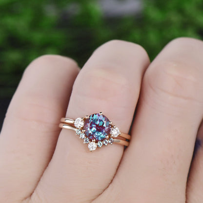 2pcs Three stone ring vintage unique moissanite engagement ring alexandrite bridal set round alexandrite engagement ring set white gold ring