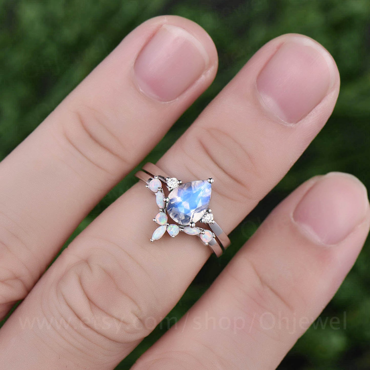Marquise opal ring moissanite ring vintage unique three stone engagement ring 2pcs pear moonstone engagement ring set white gold jewelry