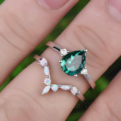 Opal ring curved opal wedding band 2pcs emerald engagement ring set white gold vintage unique ring stacking matching ring custom jewelry