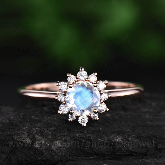 Sunflower cluster halo moissanite ring 5mm moonstone ring gold vintage moonstone engagement ring rose gold anniversary gift unique jewelry