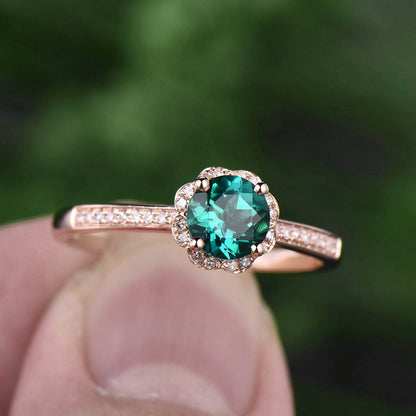 Flower green emerald engagement ring rose gold 14K/18K emerald ring vintage may birthstone halo diamond wedding unique promise bridal ring