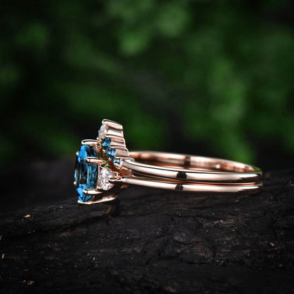 Vintage unique engagement ring 2pcs London blue topaz engagement ring set rose gold moissanite ring topaz wedding band wedding bridal set