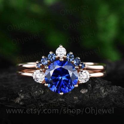 Vintage unique Three stone engagement ring 2pcs blue sapphire engagement ring set rose gold natural sapphire wedding ring band bridal set