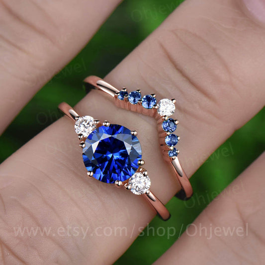 Vintage unique Three stone engagement ring 2pcs blue sapphire engagement ring set rose gold natural sapphire wedding ring band bridal set