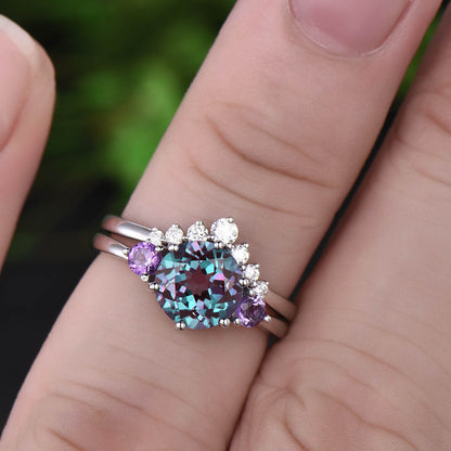 Vintage amethyst ring gold 2pcs antique Alexandrite engagement ring white gold unique jewelry wedding bridal ring anniversary gift for her