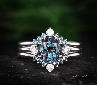 Alexandrite ring set unique alexandrite engagement ring set rose gold three stone engagement ring moissanite bridal wedding ring set women