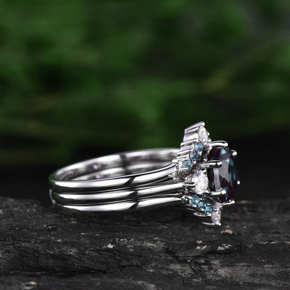 Alexandrite ring set unique alexandrite engagement ring set rose gold three stone engagement ring moissanite bridal wedding ring set women