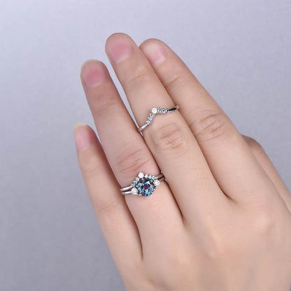 Alexandrite ring set unique alexandrite engagement ring set rose gold three stone engagement ring moissanite bridal wedding ring set women