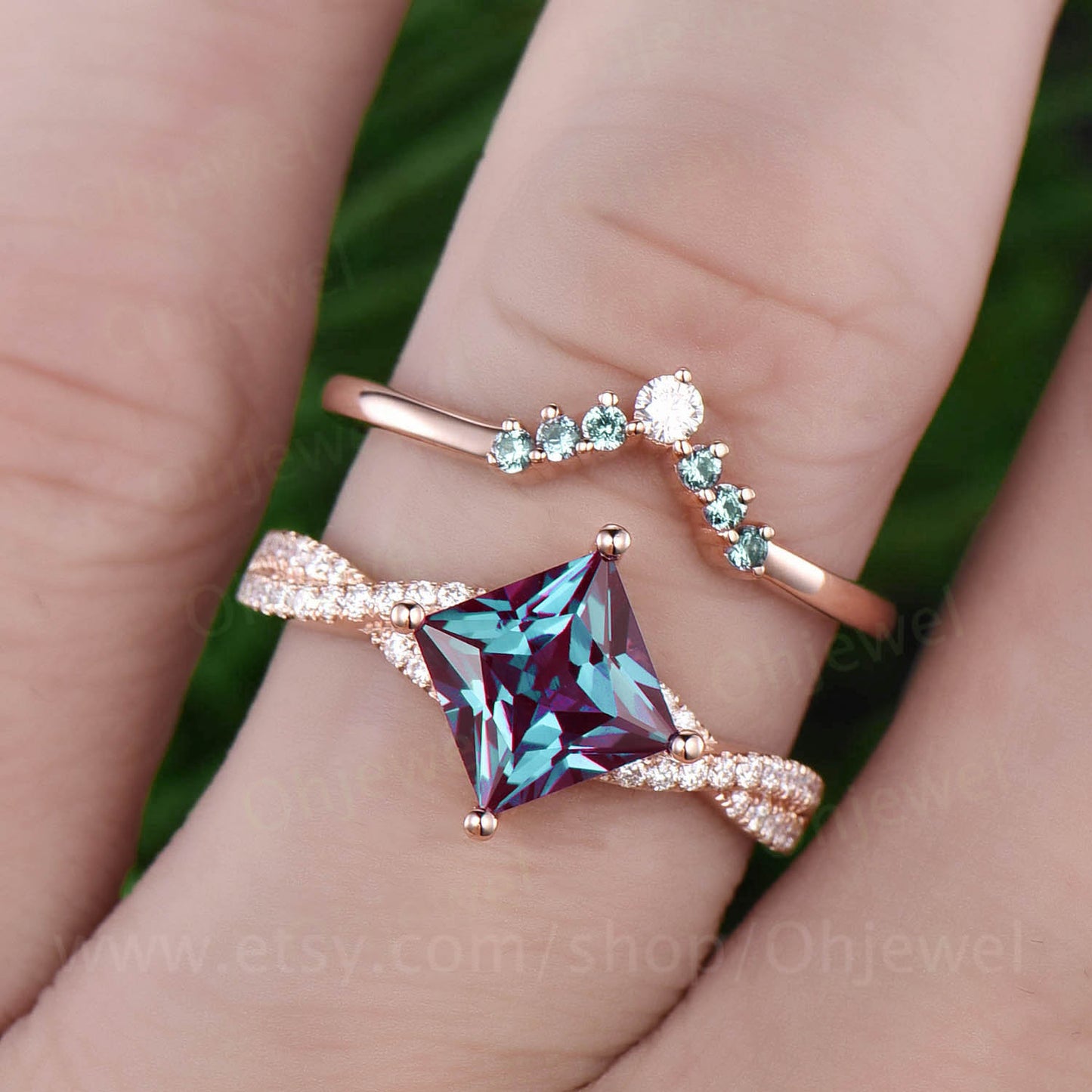 Princess cut Alexandrite rose gold ring 2pcs color change Alexandrite engagement ring set vintage moissanite ring set custom jewelry gift