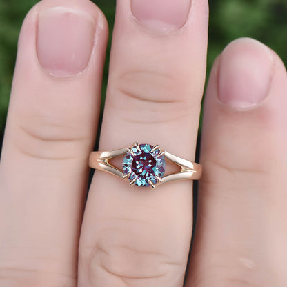 Vintage round cut Alexandrite engagement ring 14k rose gold unique split shank Solitaire engagement ring for women wedding promise ring gift