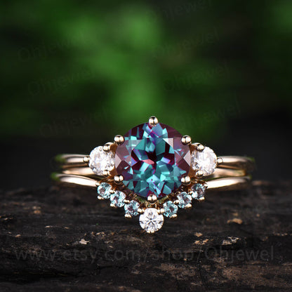 2pcs Three stone ring vintage unique moissanite engagement ring alexandrite bridal set round alexandrite engagement ring set white gold ring