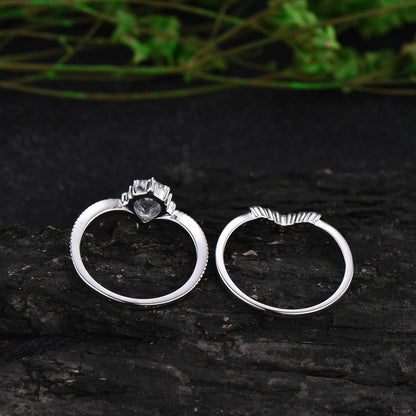 2pcs pear moonstone engagement ring set vintage alexandrite ring set white gold unique alexandrite wedding band June birthstone ring set