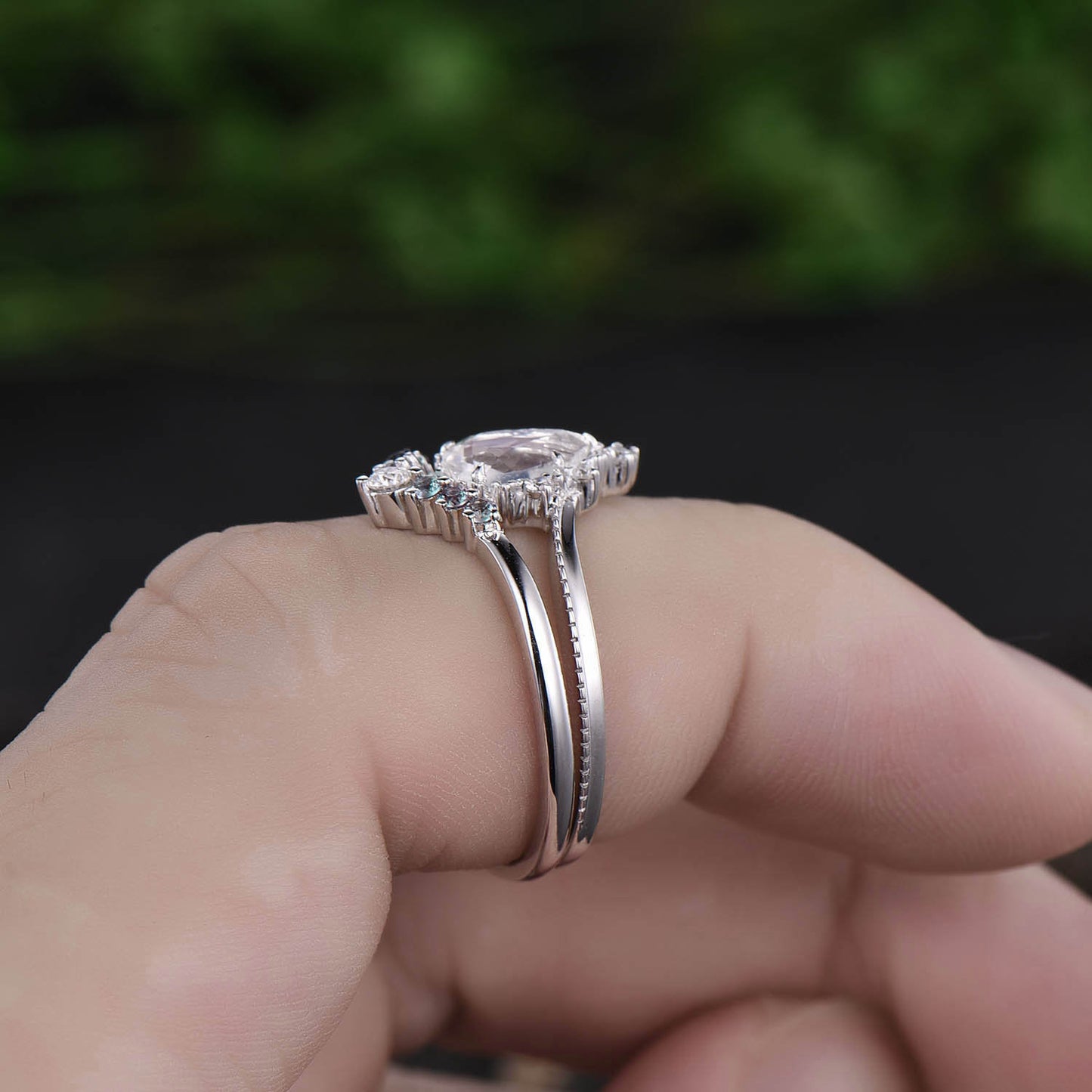 2pcs pear moonstone engagement ring set vintage alexandrite ring set white gold unique alexandrite wedding band June birthstone ring set