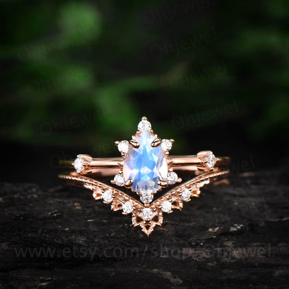 Pear moonstone wedding bridal set rose gold ring set 2pcs moonstone engagement ring set antique unique cluster moissanite ring thin band
