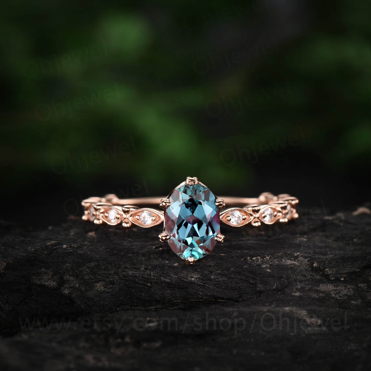 Vintage alexandrite engagement ring color change alexandrite ring rose gold for women jewelry art deco moissanite ring anniversary gift