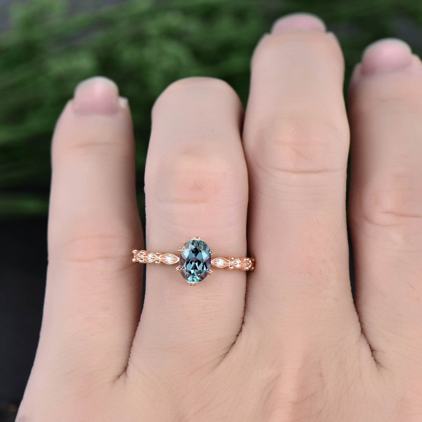 Vintage alexandrite engagement ring color change alexandrite ring rose gold for women jewelry art deco moissanite ring anniversary gift