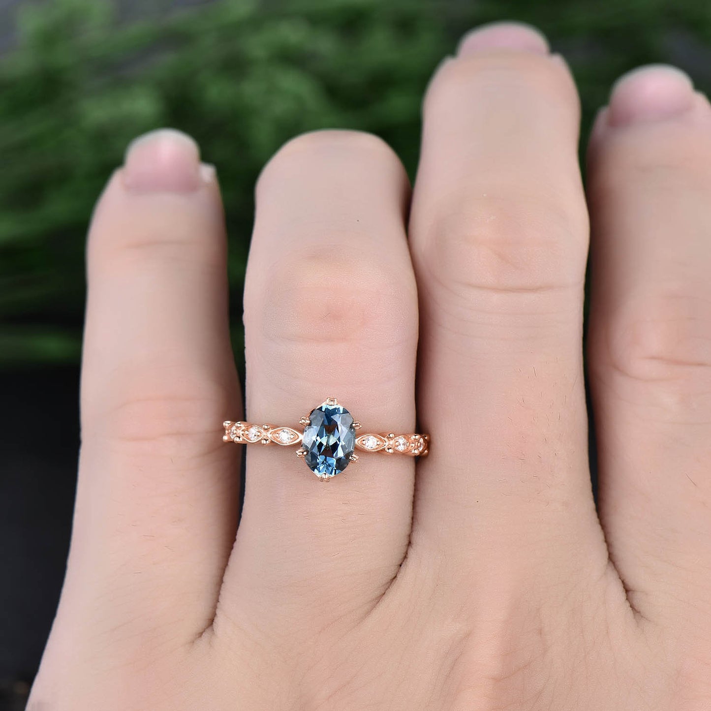 5x7mm oval cut London blue topaz engagement ring solid rose gold ring vintage topaz ring art deco moissanite ring birthday gift for her
