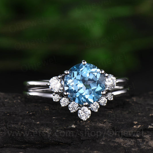 Three stone ring Swiss topaz ring gold 2pcs Swiss blue topaz engagement ring set topaz ring set white gold ring matching stacking ring