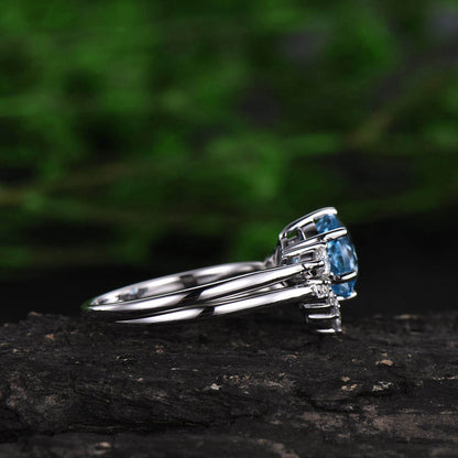 Three stone ring Swiss topaz ring gold 2pcs Swiss blue topaz engagement ring set topaz ring set white gold ring matching stacking ring