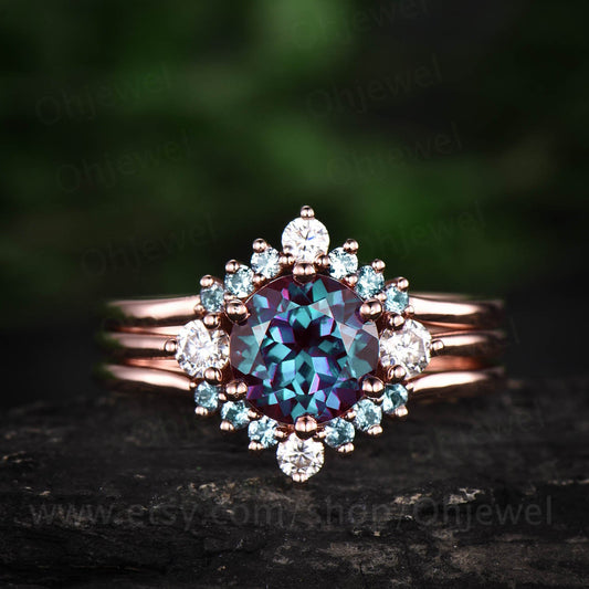 3pcs Three stone engagement ring moissanite crown ring vintage color change alexandrite engagement ring set rose gold bridal wedding set