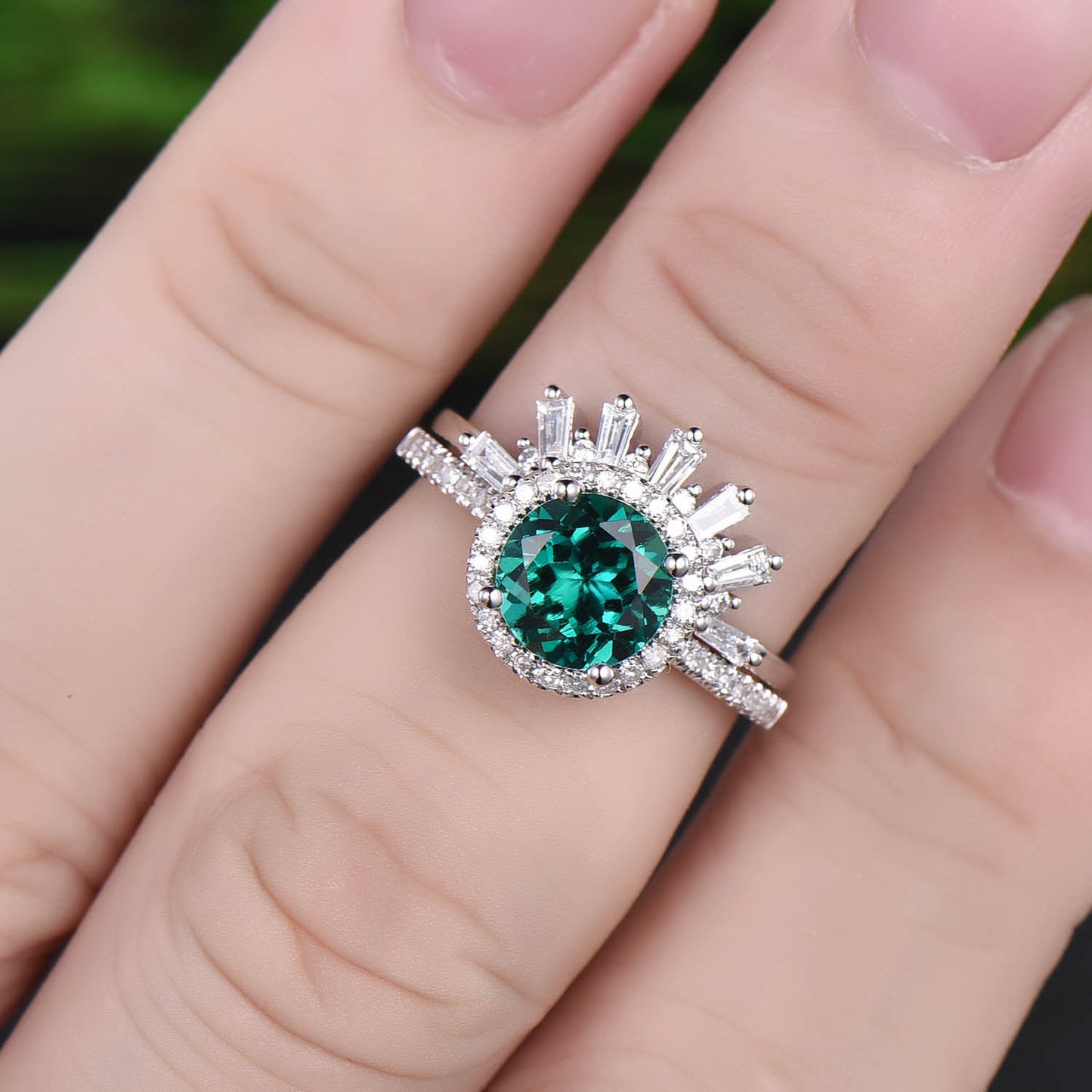 1.2ct emerald engagement ring set rose gold 14K/18K emerald ring gold set Crown matching halo diamond wedding ring band may birthstone ring