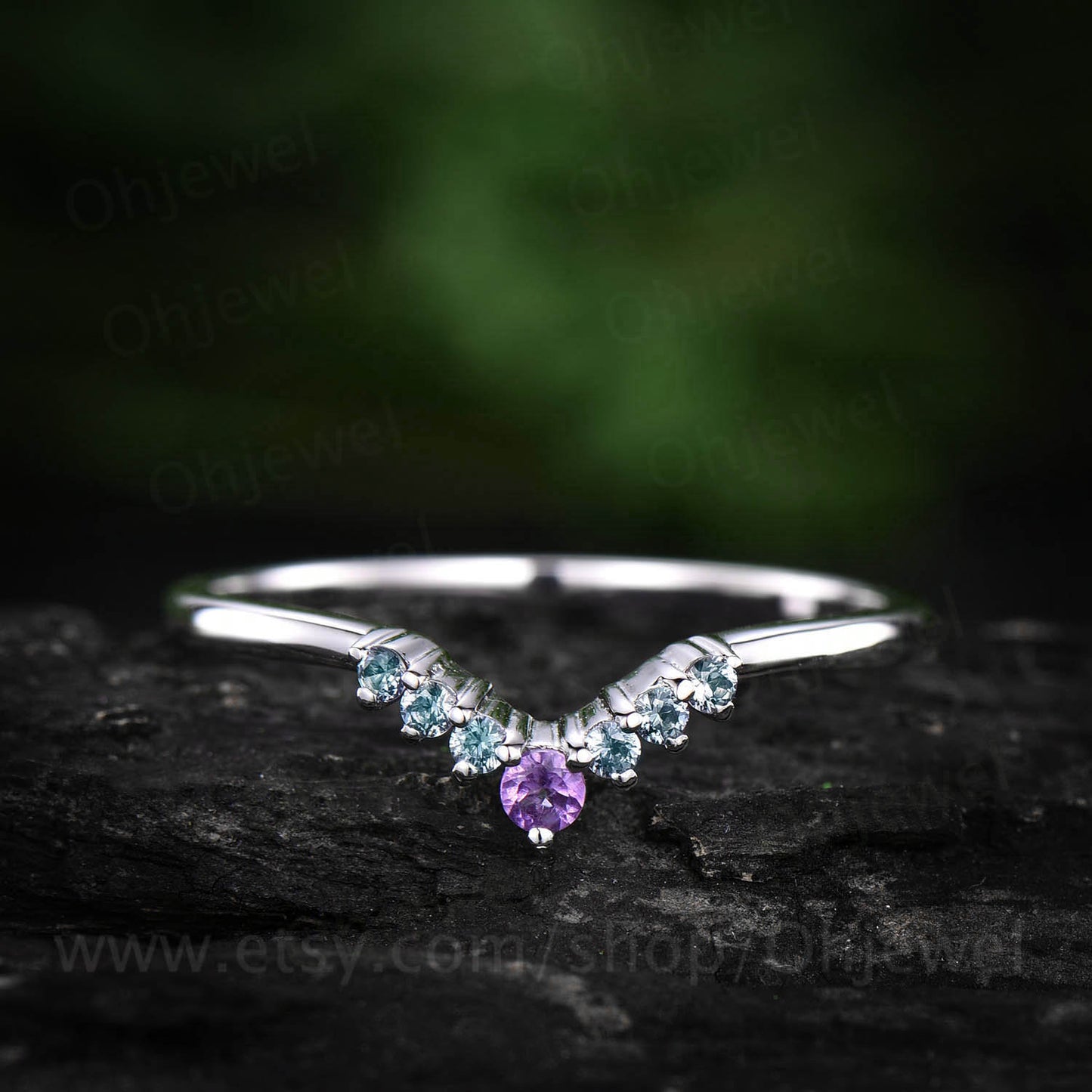 Amethyst ring Curved V Alexandrite wedding band matching stacking ring band white gold jewelry anniversary birthday gift